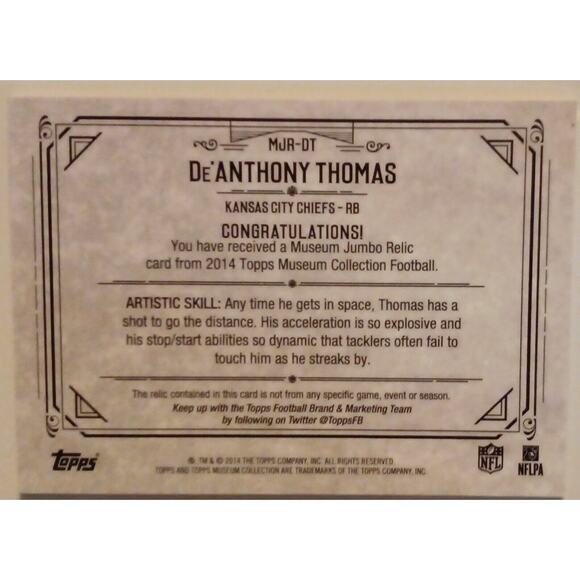 2014 Topps Museum De'Anthony Thomas Jumbo Relic 28/115 - Picture 4 of 5
